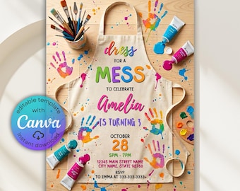 Dress for a Mess Art Birthday Invitation, Art Party Invitation, Painting Party Invite, Girl Art Party Birthday, Art Themed, Editable Canva
