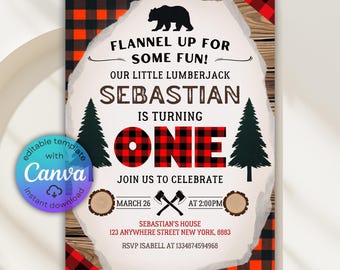 Lumberjack First Birthday Invitation, Lumberjack Invitation, Lumberjack Birthday, Lumberjack Party, Flannel Up Buffalo Plaid Red Black Evite