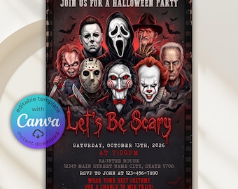 May include: A Halloween party invitation template featuring iconic horror movie characters, the text JOIN US FOR A HALLOWEEN PARTY, Let's Be Scary, and event details including Saturday, October 13th, 2026, at 7:00PM, Haunted House, and RSVP to John.