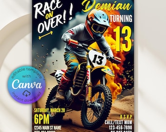 Invitación de cumpleaños de motocross, invitación de motocross, invitación de motocross, invitación a fiesta de carreras de motocross, motocicleta de motocross, motocicleta