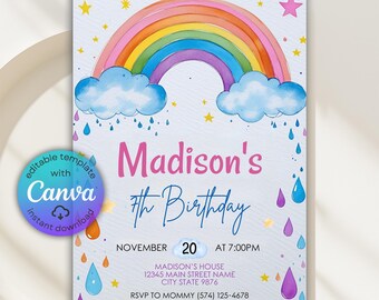 Può includere: Un invito di compleanno in stile acquerello con un arcobaleno, nuvole e gocce di pioggia. L'invito recita "Madison's 7th Birthday" con la data, l'ora e le informazioni RSVP. Il design include stelle e un logo Canva.
