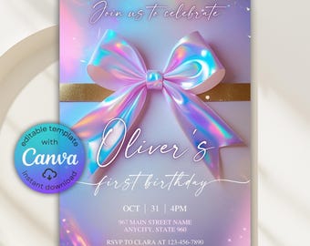 Holographic Bow Birthday Invitation, Pastel Iridescent Party Invite (Canva Template)