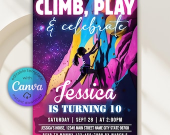 Invitación de cumpleaños de escalada en roca, fiesta de escalada de aventura (plantilla digital de Canva)