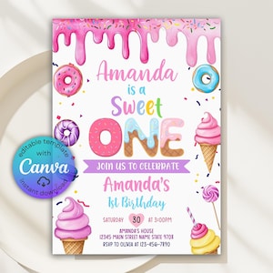 Editable Sweet One Birthday Invitation, Sweet One Invitation, 1st Birthday Invite, Dessert Invite, Candy Sweets Donut, Canva Template, Evite