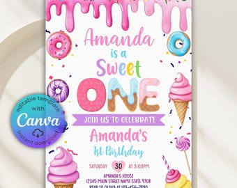 Editable Sweet One Birthday Invitation, Sweet One Invitation, 1st Birthday Invite, Dessert Invite, Candy Sweets Donut, Canva Template, Evite
