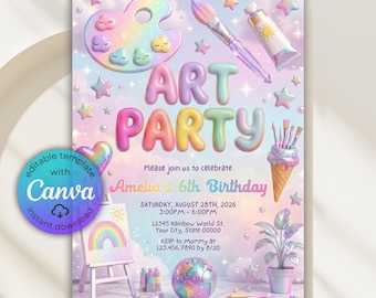 Invitación a fiesta de cumpleaños artística, invitación a fiesta de arte holográfico, invitación a fiesta de pintura pastel, vístete para ensuciarte, plantilla editable de Canva
