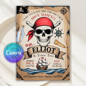 Editable Pirate Birthday Invitation, Pirate Invitation, Pirate Party Invite, Pirate Skull, Ahoy Mateys, Treasure Map, Treasure Box, Canva