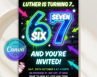 May include: Black birthday invitation with neon-style text. The invitation reads "LUTHER IS TURNING 7.." with the numbers "67" in a neon blue and purple design. The text "AND YOU'RE INVITED!" is also included.