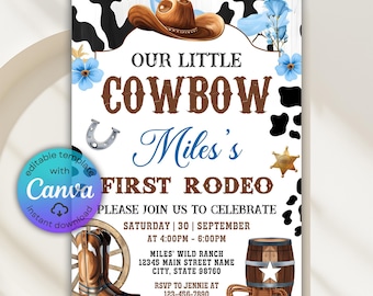 Eerste rodeo-cowboy verjaardagsuitnodiging, cowboyuitnodiging, rodeo-uitnodiging, uitnodiging voor westernfeest, wilde westen verjaardagsuitnodiging, canvassjabloon