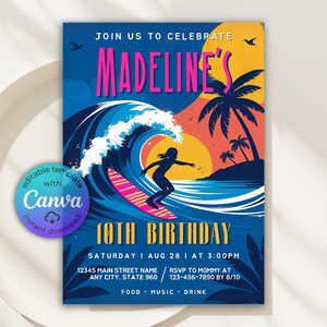 Tropical Surfboarding Birthday Invitation, Retro Surfboarding Invitation, Girl Surfboard Beach Party Invite, Surfing Invite, Canva Template