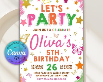 Editable Simple Colorful Birthday Invitation, Let’s Party, Preppy Bright and Cheerful, Retro Invitation, Any Age, Printable Canva Template