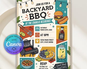 Invitación de cumpleaños con barbacoa, invitación a barbacoa en el jardín, invitación a barbacoa y relax, invitación a fiesta de cocina a la parrilla, plantilla editable de Canva
