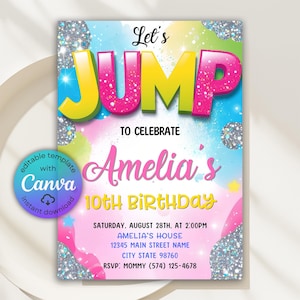 Pode incluir: Um convite colorido para uma festa de aniversário com as palavras "Let's JUMP" em letras grandes. O convite é para o 10º aniversário de Amelia e inclui detalhes do evento. O design apresenta detalhes brilhantes e um modelo Canva.