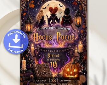 Hocus Pocus Halloween Invitation, Halloween Birthday Invitation, Witches Birthday Party, Spooky Halloween Party Invite, Personalized Invite