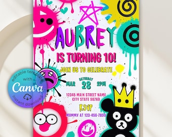 Invitación de cumpleaños con grafiti, invitación a fiesta de pintura urbana (plantilla digital)