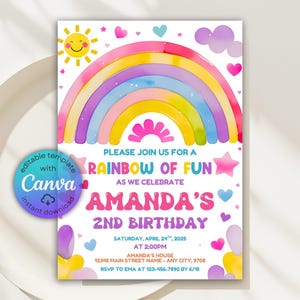Editable Rainbow Birthday Invitation, Rainbow Party Invite, Rainbow Birthday Girl, Magic Rainbow Invitation, Rainbow Of Fun, Canva Template