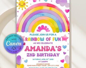 Editable Rainbow Birthday Invitation, Canva Template (Digital Download)