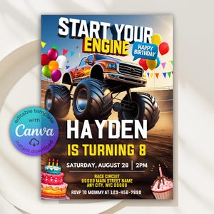 Monster Truck Birthday Invitation, Monster Truck Kids Birthday, Monster Truck Party Invite, Monster Truck Invitation, Start Your Engine