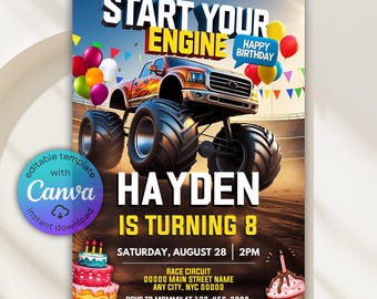 Monster Truck Birthday Invitation, Monster Truck Kids Birthday, Monster Truck Party Invite, Monster Truck Invitation, Start Your Engine