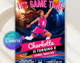 May include: A pink basketball-themed birthday invitation with the text "IT'S GAME TIME" at the top. The invitation features a cartoon illustration of a basketball player shooting a ball. The invitation is for Charlotte's 8th birthday, with the date and time details.