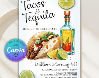 Invitación de cumpleaños de tacos y tequila, invitación a fiesta mexicana, invitación a fiesta de cumpleaños para adultos, cumpleaños con temática mexicana, plantilla de Canva