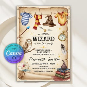 May include: A baby shower invitation with a wizard theme. The design features baby clothes, a wizard hat, a golden snitch, and an owl. The text reads "a little WIZARD is on the way!" and includes event details.