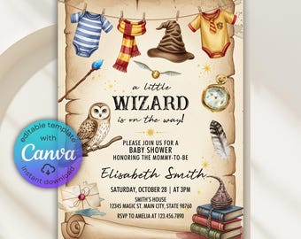 Invitación para baby shower de mago mágico, plantilla de Canva (descarga digital)