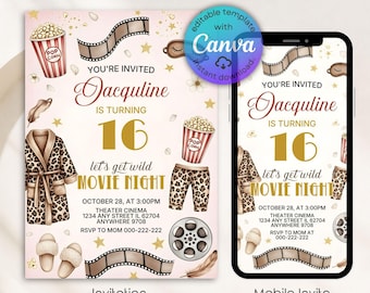 Movie Birthday Invitation, Movie Night And Pajama Invitation, Leopard Pajama Sleepover Party, Slumber Party Invite, Editable Canva Template