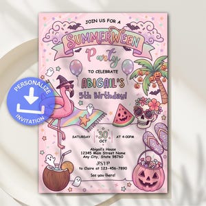 May include: A pink Summerween party invitation for Abigail's 5th birthday featuring a flamingo in a witch hat, a palm tree with jack-o'-lanterns, a skull with flowers, a watermelon slice, a coconut drink, and a pumpkin bucket on a pastel background.
