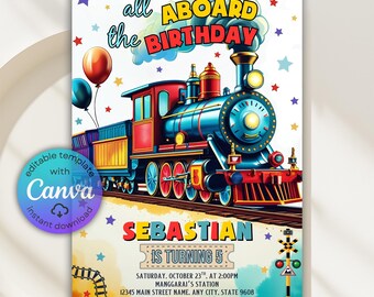 Verjaardagsuitnodiging trein, allen aan boord, canvasjabloon (digitale download)