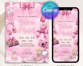 Invitación de cumpleaños con estética rosa, invitación de cumpleaños de "Hola a todos los dígitos", invitación de fiesta con lazo rosa para adolescentes, plantilla editable de Canva
