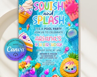 Squishy Pool Party Birthday Invitation, Squish and Splash Pool Party Invitation, Colorful Squishy Sensory Pool Party Invite, Canva Template
