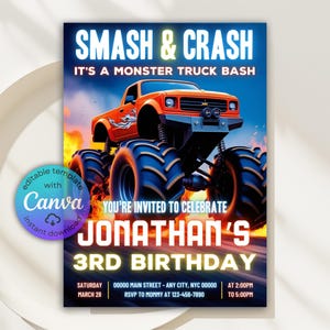 Monster Truck Birthday Invitation, Monster Truck Party Invite, Monster Truck Theme Birthday, Neon Monster Truck Invitation, Canva Template