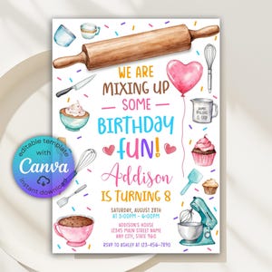 May include: A colorful birthday party invitation with watercolor illustrations of baking tools and treats. The invitation includes the text "We are mixing up some birthday fun!" and details for Addison's 8th birthday party.