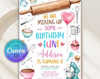 Baking Party Invitation, Baking Birthday Invitation, Chef Cooking Party Invite, Cake Decorating, Cupcake, Sweets Bake, Canva Template, Evite