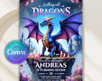 Invitación de cumpleaños de la Chica Dragón Mágica, plantilla de Canva (descarga digital)