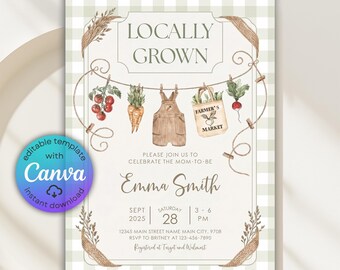 Invitación para baby shower con temática de productos locales, invitación para baby shower con temática de mercado de agricultores, tema de tendedero de ropa con productos locales, plantilla editable de Canva.