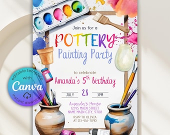 Invitación para fiesta de cumpleaños con pintura de cerámica y arcoíris (plantilla de Canva DIY)