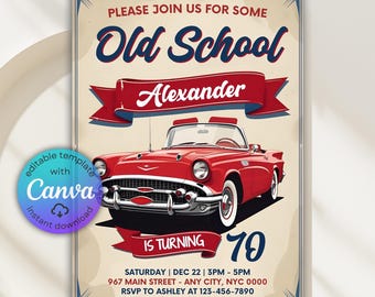 Invitación de cumpleaños de coche clásico de los años 50, invitación de coche clásico de la vieja escuela, invitación de cumpleaños con temática de coche clásico, plantilla editable de Canva para Evite