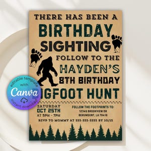Editable Sasquatch Birthday Invitation, Bigfoot Invitation, Sasquatch Theme Birthday, Yeti Invite, Bigfoot Hunt Party Invite, Canva Template