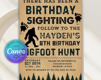 Editable Sasquatch Birthday Invitation, Bigfoot Invitation, Sasquatch Theme Birthday, Yeti Invite, Bigfoot Hunt Party Invite, Canva Template