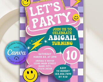 Invito di compleanno con faccina sorridente a scacchi, compleanno retrò preppy e alla moda, invito a scacchi, festa per adolescenti, invito di compleanno per adolescenti, modello Canva