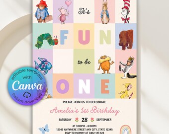 Fun to be One Storybook Birthday Invitation, Storybook Theme Birthday Invite, Bookish First Birthday Party Invite Kids, Canva Template