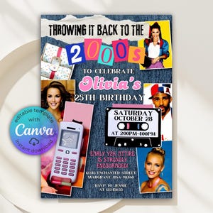 Puede incluir: Una invitación a una fiesta de cumpleaños con un fondo de mezclilla. La invitación incluye el texto "Throwing it back to the 2000s" y "Olivia's 25th Birthday". Presenta imágenes de un teléfono plegable, regalos y personas. La invitación también dice "Early Y2K attire is strongly encouraged!"