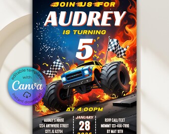 Monster Truck Birthday Invitation, Canva Template (Digital Download)