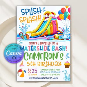Waterslide Birthday Invitation, Splish Splash Pool Party Invite, Water Slide Paddling Pool Summer Birthday, Splash Pad Invitation, Canva