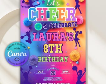 May include: A vibrant invitation for Laura's 8th birthday party. The design features the words "Let's Cheer & Celebrate" and "Laura's 8th Birthday" in colorful text. Cheerleader silhouettes and pom-poms decorate the invitation. Includes a Canva template.