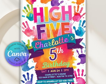 Handprint High Five Invitation, Hi Five 5th Birthday, Hi Five Invite, Colorful Hi Five Party, Hi Five Paint Invitation, DIY Canva Template