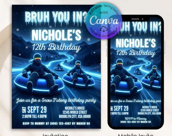 Snow Tubing Birthday Invitation, BRUH YOU IN? Kids Winter Sliding Invite, Neon Ski Tube Winter Theme Party Invite, Editable Canva Template