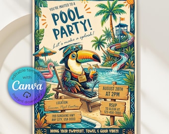 Invitación de cumpleaños para fiesta en la piscina con temática de tucanes, invitación para fiesta en la piscina con temática de amigos, invitación para fiesta de natación de verano para niños, invitación para fiesta en la piscina, Canva